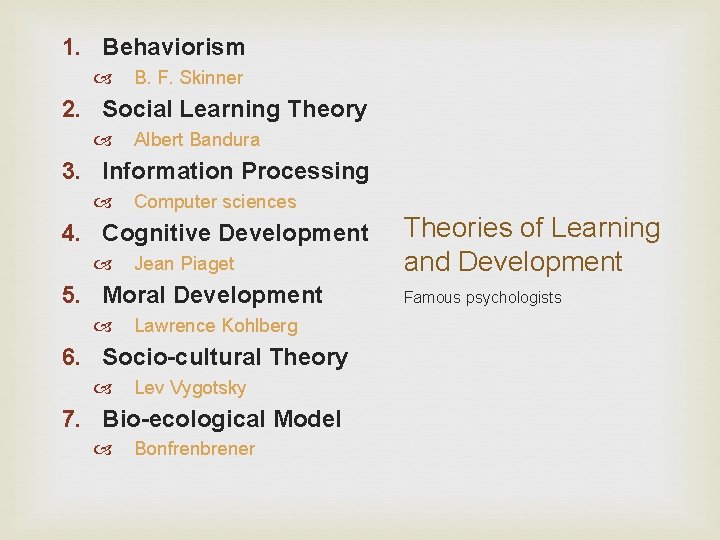 1. Behaviorism B. F. Skinner 2. Social Learning Theory Albert Bandura 3. Information Processing