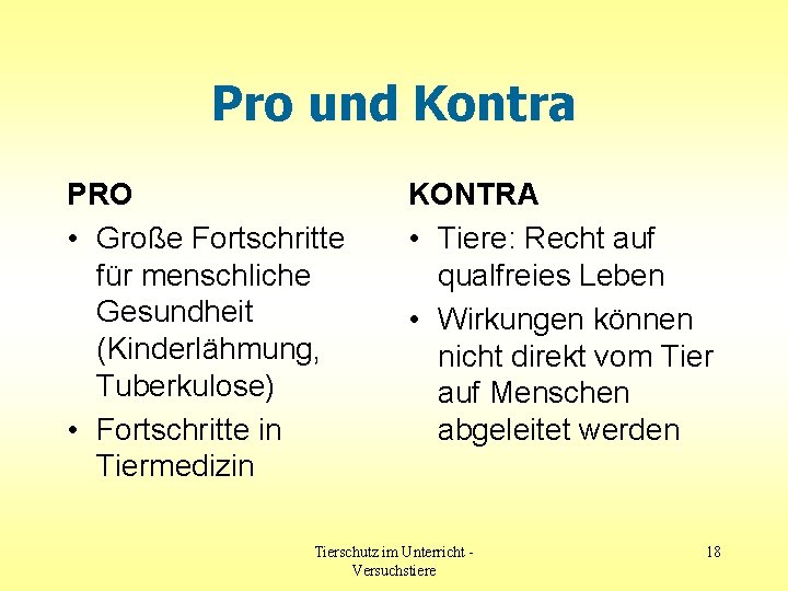 Pro und Kontra PRO • Große Fortschritte für menschliche Gesundheit (Kinderlähmung, Tuberkulose) • Fortschritte