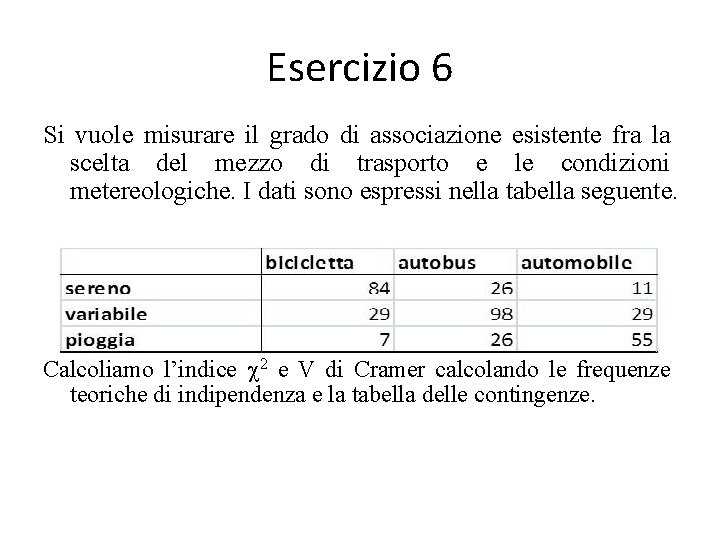 Esercizio 6 Si vuole misurare il grado di associazione esistente fra la scelta del