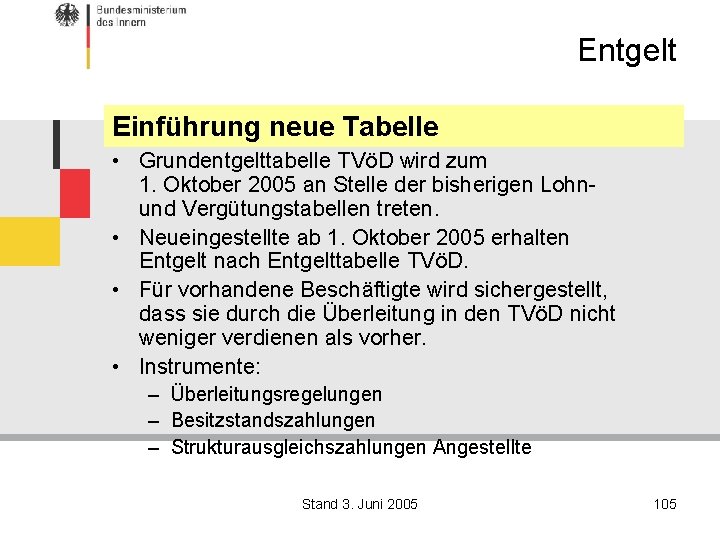 Entgelt Einführung neue Tabelle • Grundentgelttabelle TVöD wird zum 1. Oktober 2005 an Stelle