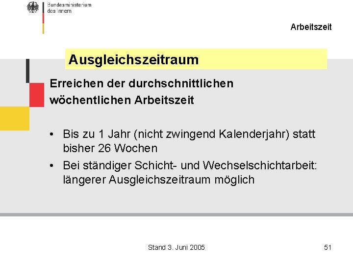 Arbeitszeit Ausgleichszeitraum Erreichen der durchschnittlichen wöchentlichen Arbeitszeit • Bis zu 1 Jahr (nicht zwingend