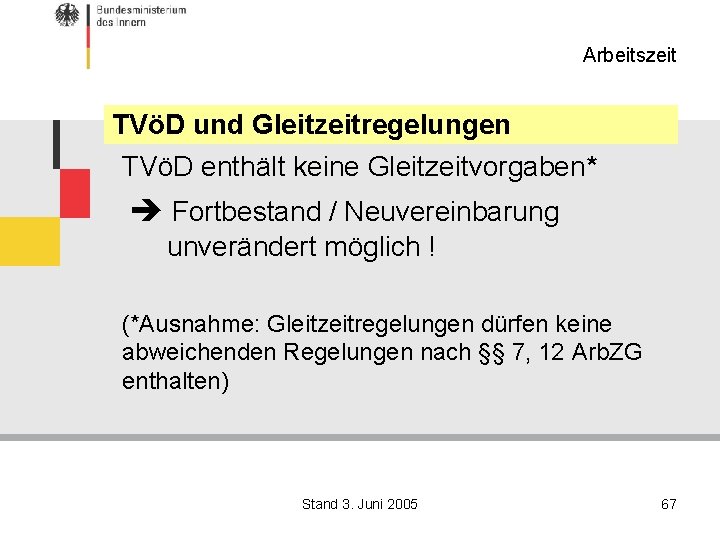 Arbeitszeit TVöD und Gleitzeitregelungen TVöD enthält keine Gleitzeitvorgaben* Fortbestand / Neuvereinbarung unverändert möglich !