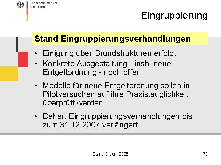 Eingruppierung Stand Eingruppierungsverhandlungen • Einigung über Grundstrukturen erfolgt • Konkrete Ausgestaltung - insb. neue