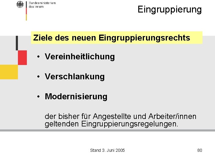 Eingruppierung Ziele des neuen Eingruppierungsrechts • Vereinheitlichung • Verschlankung • Modernisierung der bisher für