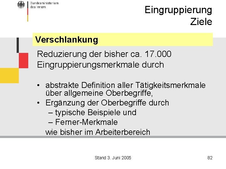 Eingruppierung Ziele Verschlankung Reduzierung der bisher ca. 17. 000 Eingruppierungsmerkmale durch • abstrakte Definition