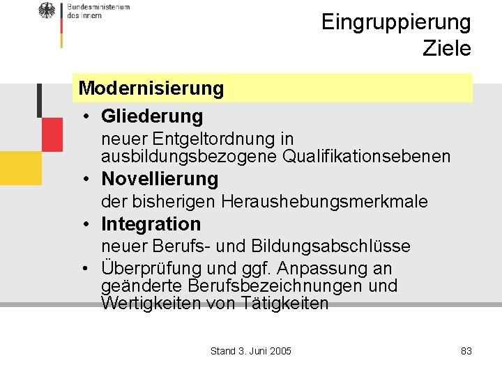 Eingruppierung Ziele Modernisierung • Gliederung neuer Entgeltordnung in ausbildungsbezogene Qualifikationsebenen • Novellierung der bisherigen