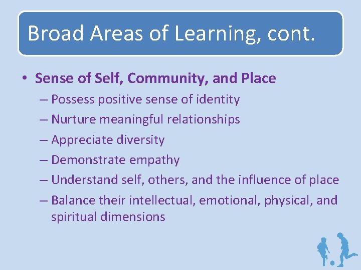 Broad Areas of Learning, cont. • Sense of Self, Community, and Place – Possess
