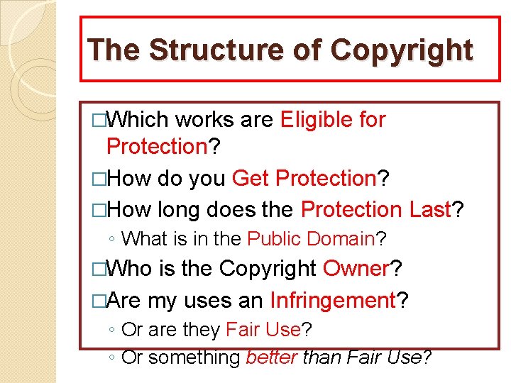 The Structure of Copyright �Which works are Eligible for Protection? �How do you Get
