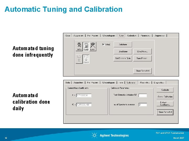 Automatic Tuning and Calibration Automated tuning done infrequently Automated calibration done daily TOF and