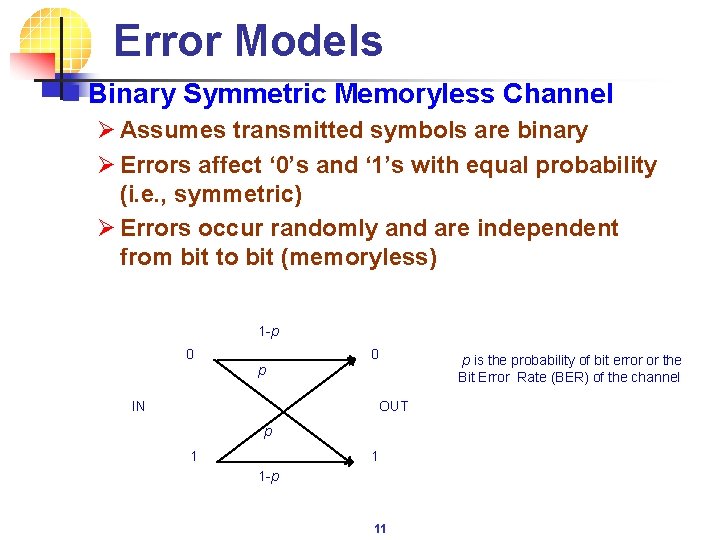 Error Models n Binary Symmetric Memoryless Channel Ø Assumes transmitted symbols are binary Ø