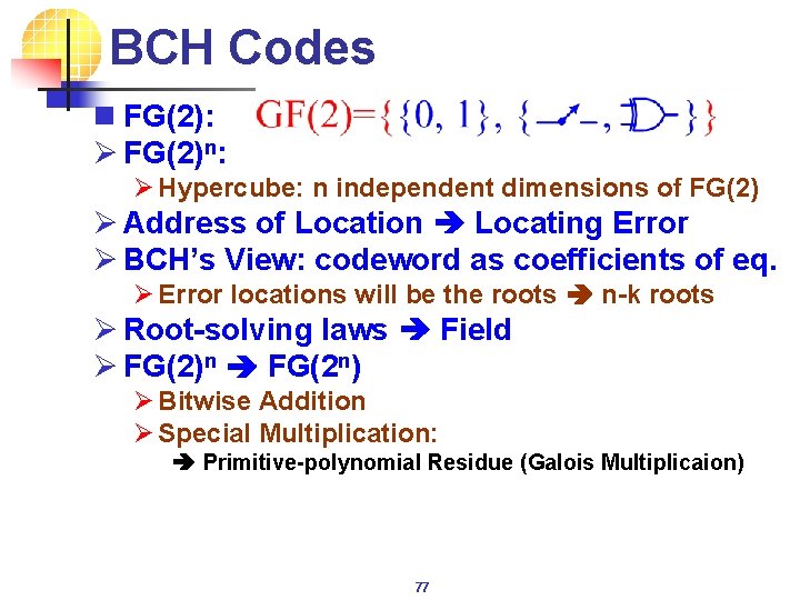 BCH Codes n FG(2): Ø FG(2)n: Ø Hypercube: n independent dimensions of FG(2) Ø