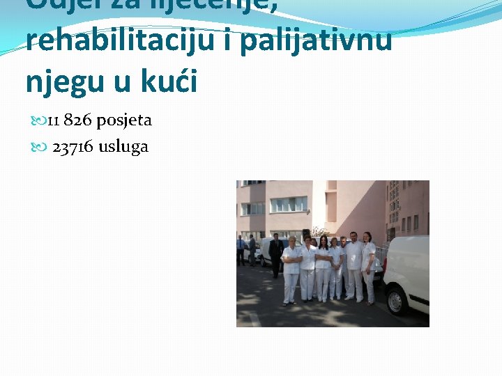 Odjel za liječenje, rehabilitaciju i palijativnu njegu u kući 11 826 posjeta 23716 usluga