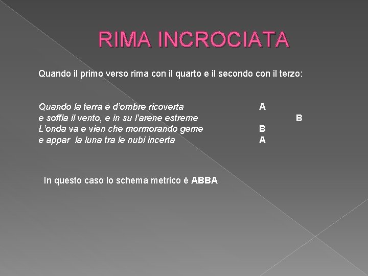 RIMA INCROCIATA Quando il primo verso rima con il quarto e il secondo con