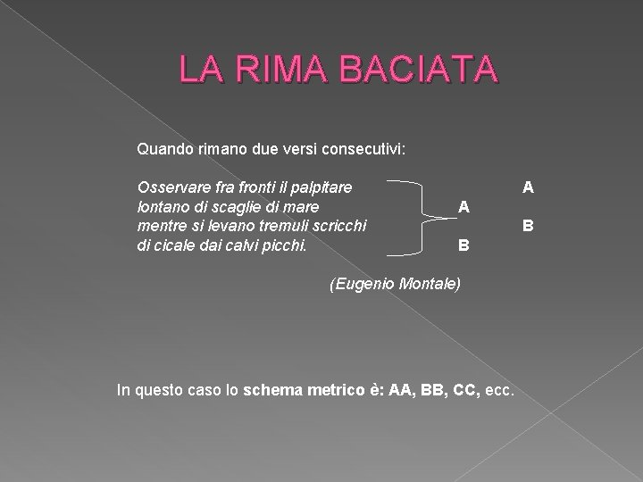 LA RIMA BACIATA Quando rimano due versi consecutivi: Osservare fra fronti il palpitare lontano