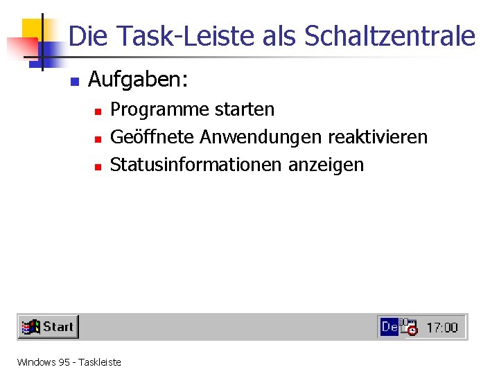 Die Task-Leiste als Schaltzentrale n Aufgaben: n n n Programme starten Geöffnete Anwendungen reaktivieren
