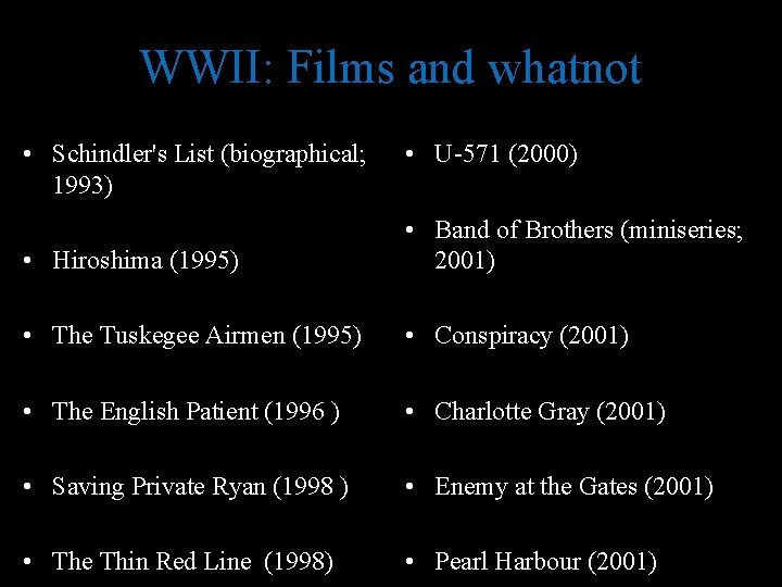 WWII: Films and whatnot • Schindler's List (biographical; 1993) • U-571 (2000) • Hiroshima