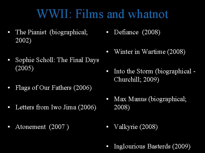 WWII: Films and whatnot • The Pianist (biographical; 2002) • Defiance (2008) • Winter