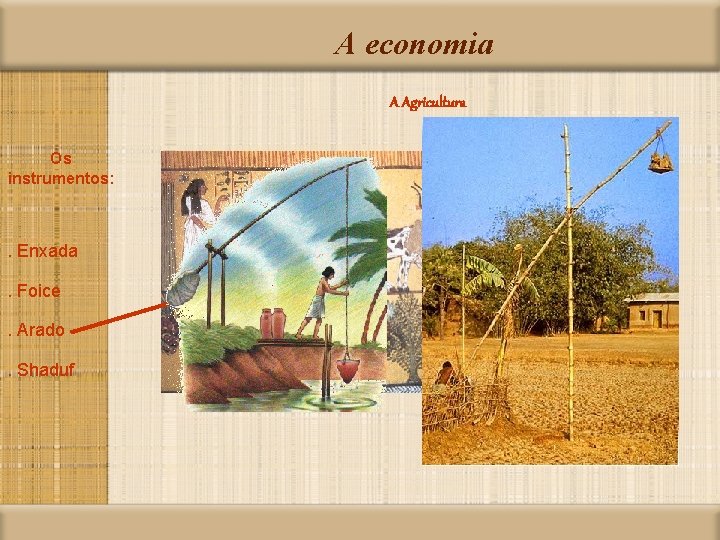 A economia A Agricultura Os instrumentos: . Enxada. Foice. Arado. Shaduf 