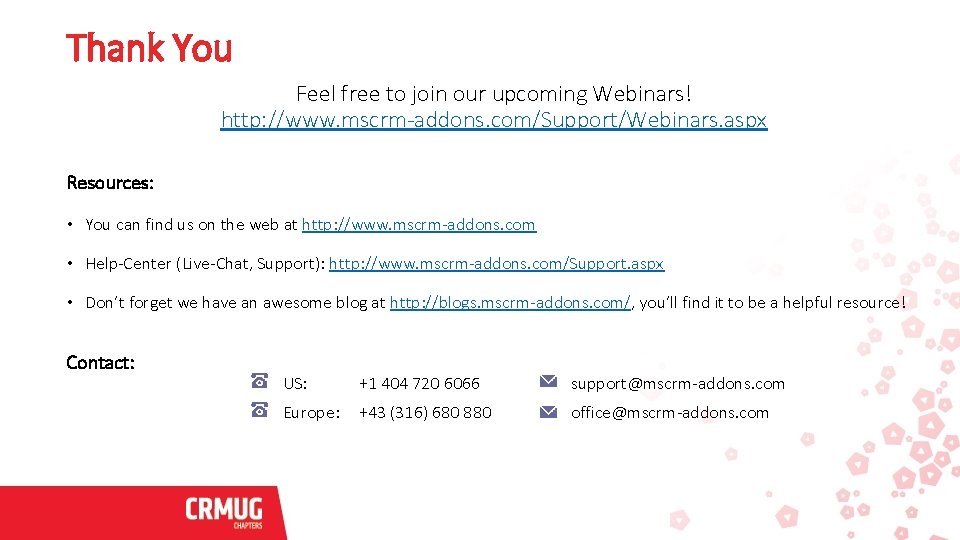 Thank You Feel free to join our upcoming Webinars! http: //www. mscrm-addons. com/Support/Webinars. aspx