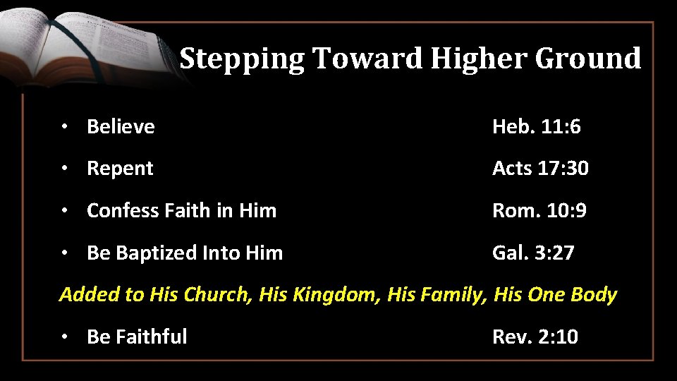 Stepping Toward Higher Ground • Believe Heb. 11: 6 • Repent Acts 17: 30