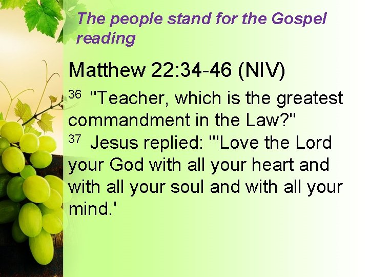 The people stand for the Gospel reading Matthew 22: 34 -46 (NIV) "Teacher, which