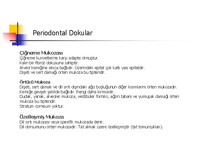 Periodontal Dokular Çiğneme Mukozası Çiğneme kuvvetlerine karşı adapte olmuştur. Kalın bir fibröz dokusuna sahiptir.