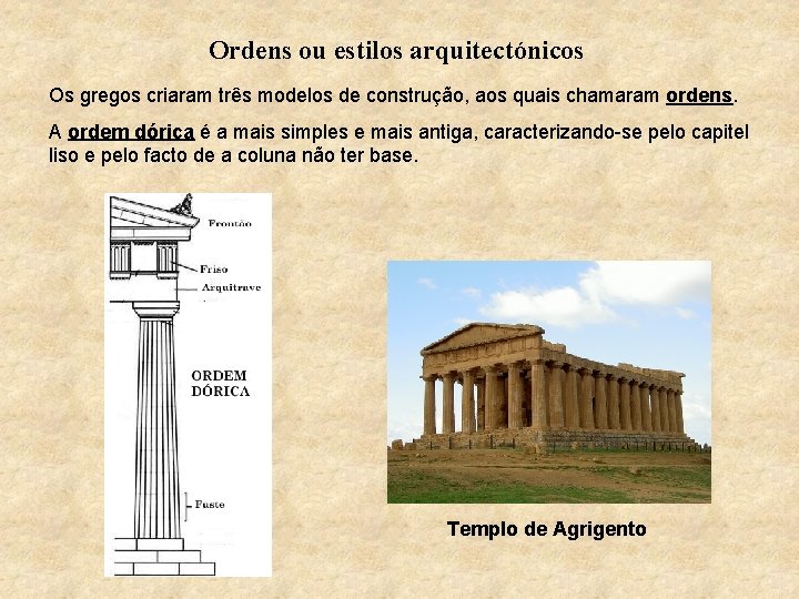 Ordens ou estilos arquitectónicos Os gregos criaram três modelos de construção, aos quais chamaram
