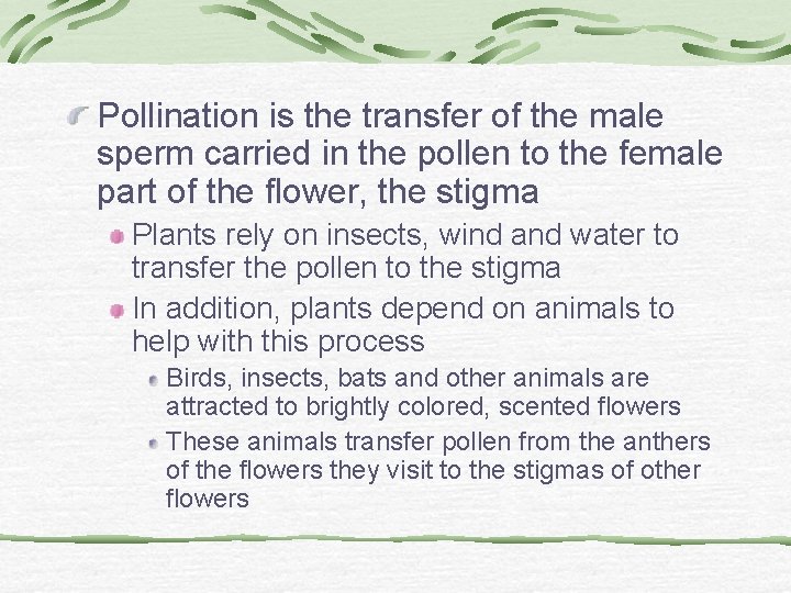Pollination is the transfer of the male sperm carried in the pollen to the Pollination is the transfer of the male sperm carried in the pollen to the