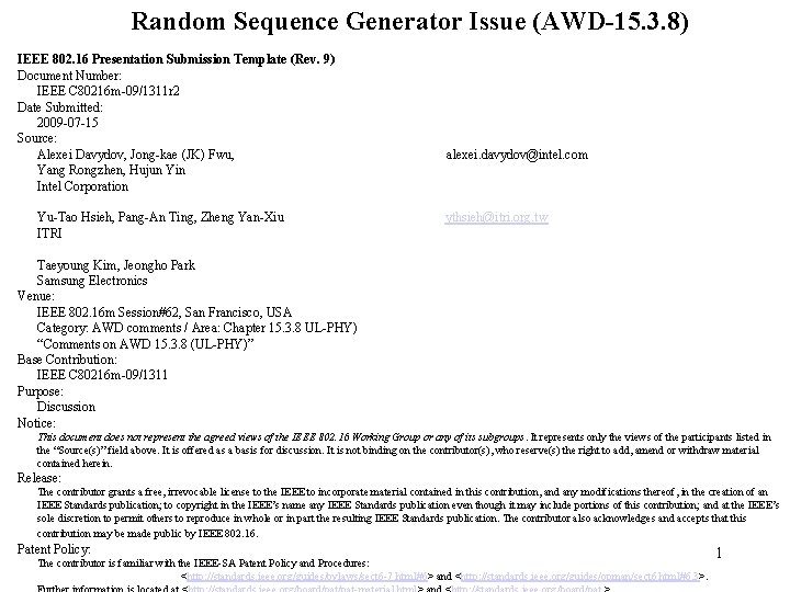 Random Sequence Generator Issue (AWD-15. 3. 8) IEEE 802. 16 Presentation Submission Template (Rev.