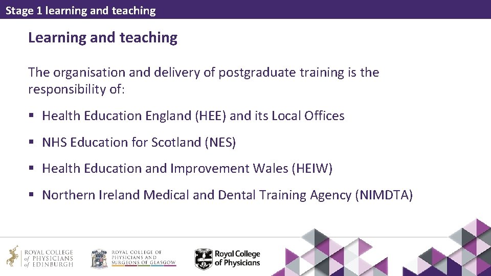 Stage 1 learning and teaching Learning and teaching The organisation and delivery of postgraduate