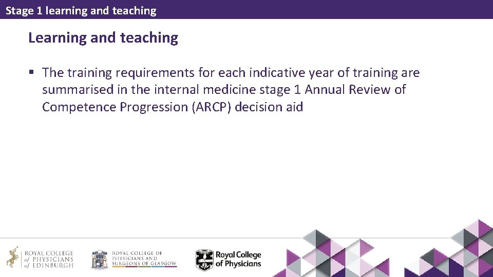 Stage 1 learning and teaching Learning and teaching § The training requirements for each