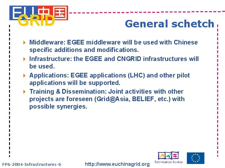 EU GRID General schetch 4 Middleware: EGEE middleware will be used with Chinese specific