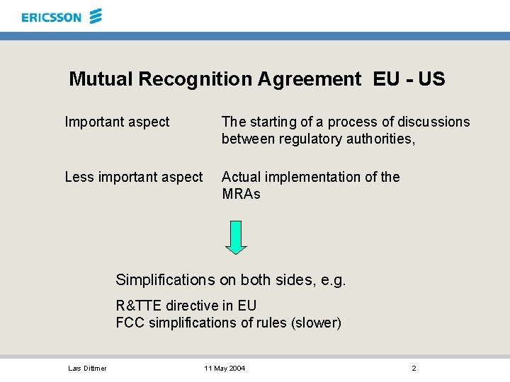 Mutual Recognition Agreement EU - US Important aspect The starting of a process of