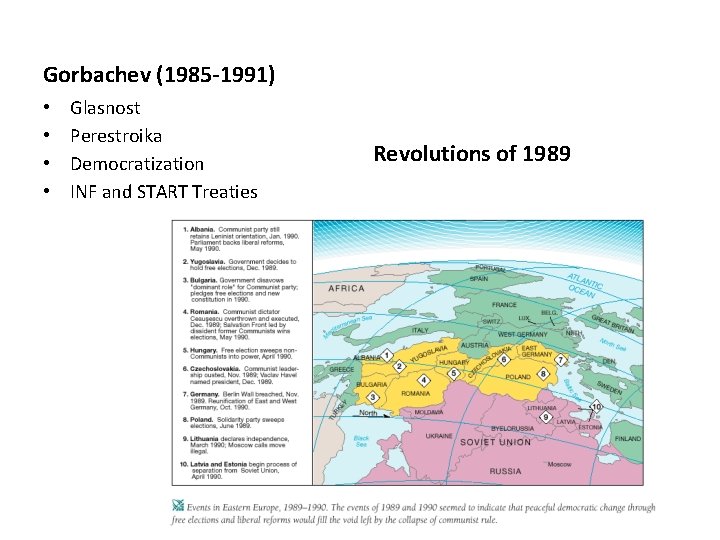 Gorbachev (1985 -1991) • • Glasnost Perestroika Democratization INF and START Treaties Revolutions of