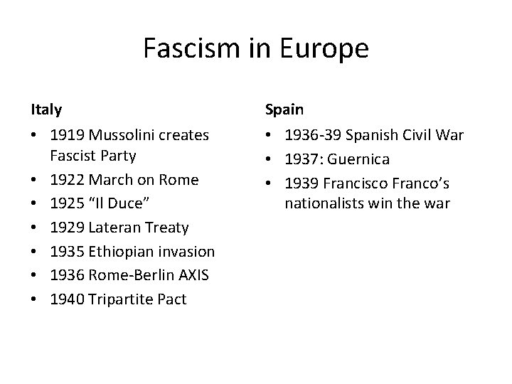 Fascism in Europe Italy • 1919 Mussolini creates Fascist Party • 1922 March on