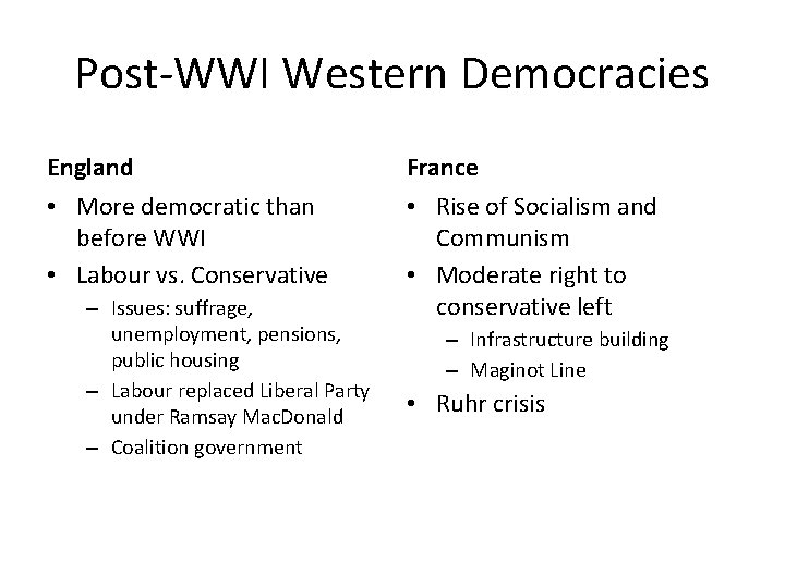 Post-WWI Western Democracies England • More democratic than before WWI • Labour vs. Conservative