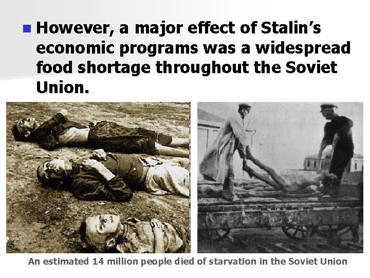 n However, a major effect of Stalin’s economic programs was a widespread food shortage n However, a major effect of Stalin’s economic programs was a widespread food shortage