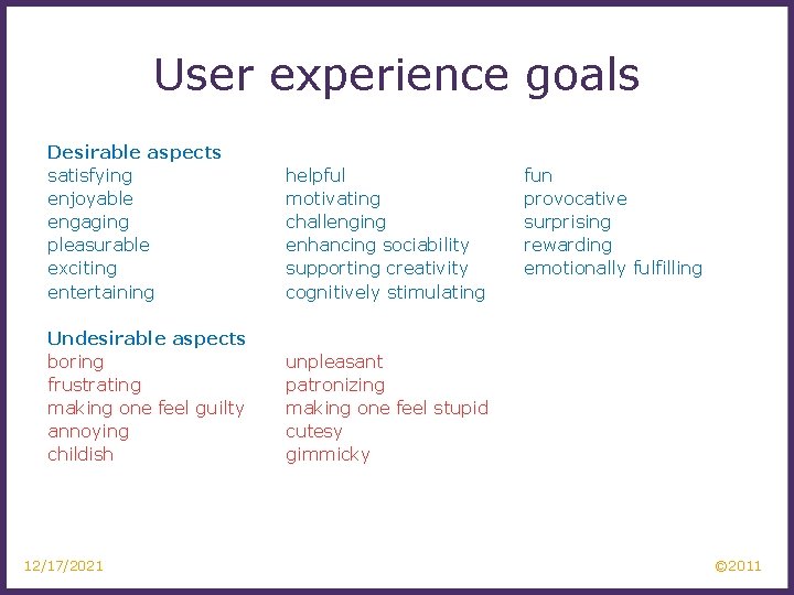 User experience goals Desirable aspects satisfying enjoyable engaging pleasurable exciting entertaining helpful motivating challenging