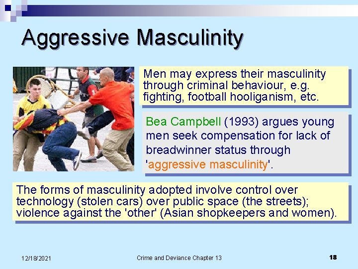 Aggressive Masculinity Men may express their masculinity through criminal behaviour, e. g. fighting, football