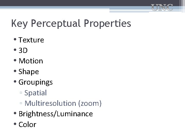 Key Perceptual Properties • Texture • 3 D • Motion • Shape • Groupings