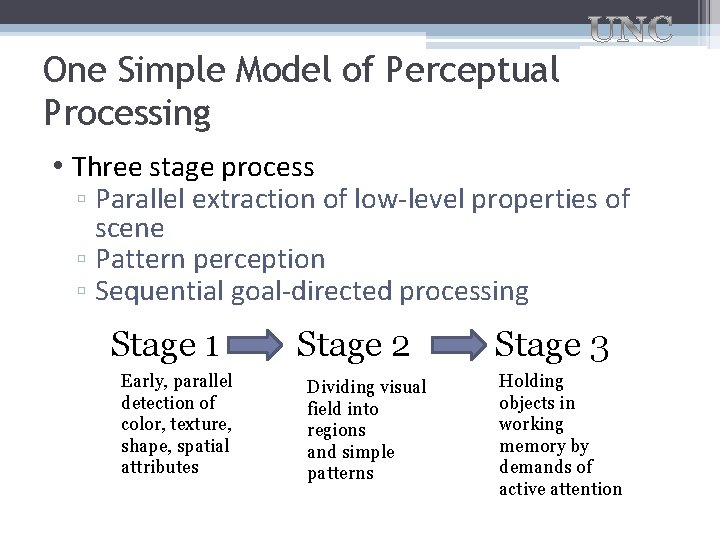 One Simple Model of Perceptual Processing • Three stage process ▫ Parallel extraction of