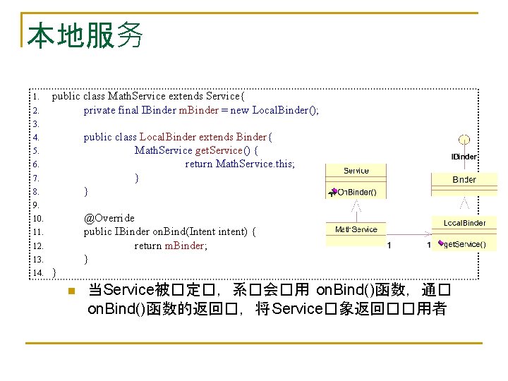 本地服务 1. 2. public class Math. Service extends Service{ private final IBinder m. Binder