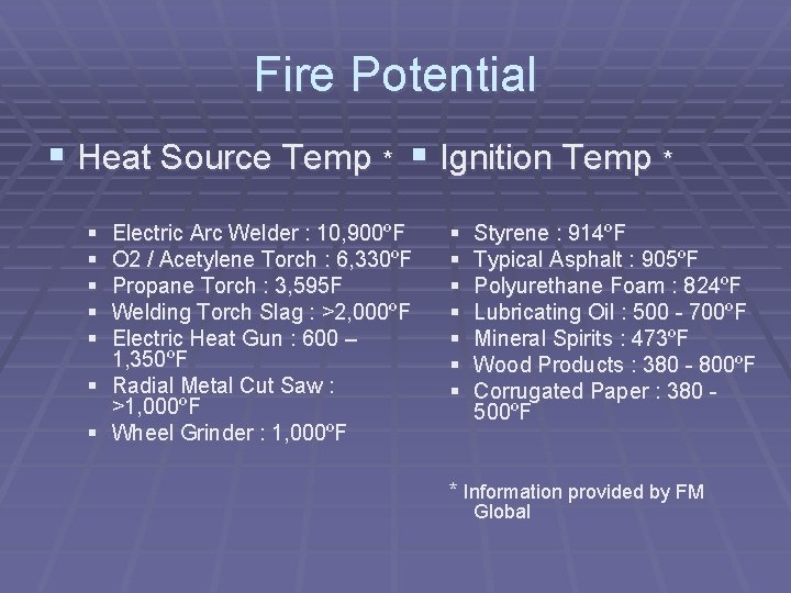 Fire Potential § Heat Source Temp * § Ignition Temp * § § §