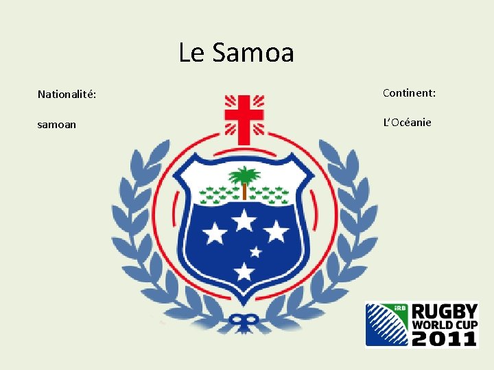 Le Samoa Nationalité: Continent: samoan L’Océanie 