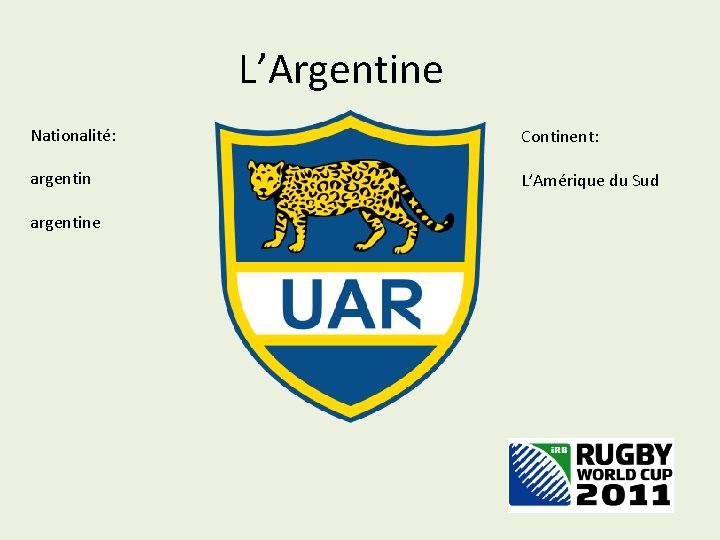 L’Argentine Nationalité: Continent: argentin L’Amérique du Sud argentine 