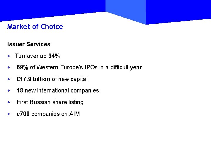 Market of Choice Issuer Services · Turnover up 34% · 69% of Western Europe’s