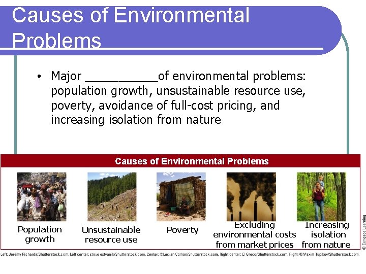 Causes of Environmental Problems • Major ______of environmental problems: population growth, unsustainable resource use,