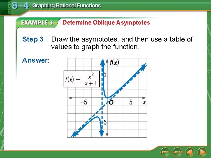 Determine Oblique Asymptotes Step 3 Answer: Draw the asymptotes, and then use a table