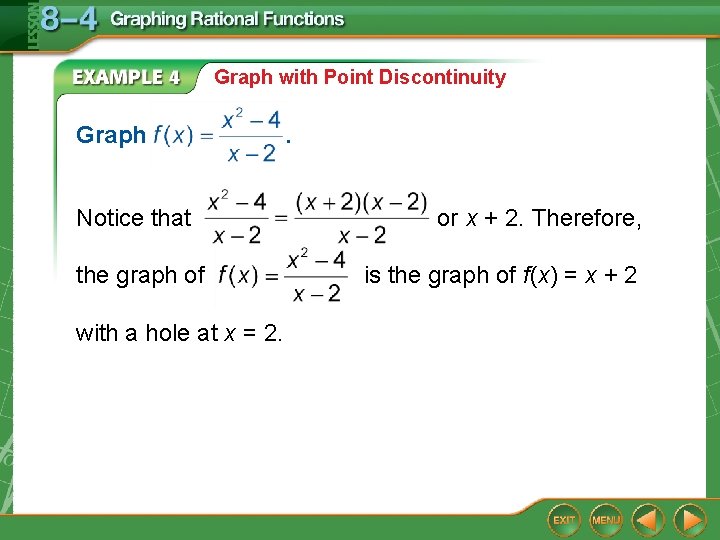 Graph with Point Discontinuity Graph Notice that the graph of with a hole at