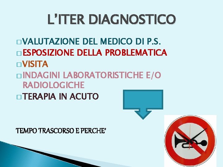 L’ITER DIAGNOSTICO � VALUTAZIONE DEL MEDICO DI P. S. � ESPOSIZIONE DELLA PROBLEMATICA �